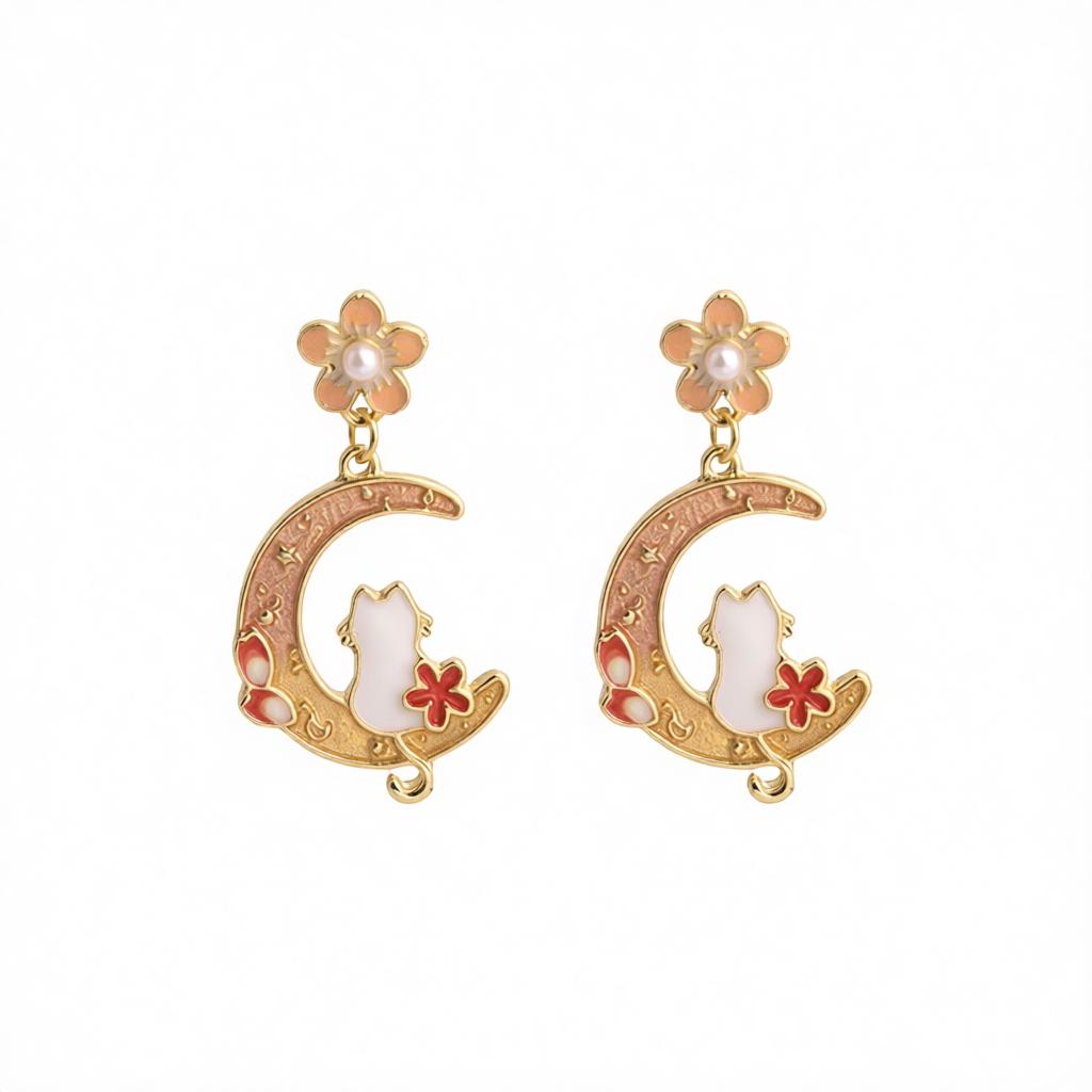 Light Peach Enamel and Pearl Flower Cat Moon Drop Earrings, drop earrings for women, everyday style, side view