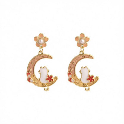 Light Peach Enamel and Pearl Flower Cat Moon Drop Earrings, drop earrings for women, everyday style, side view