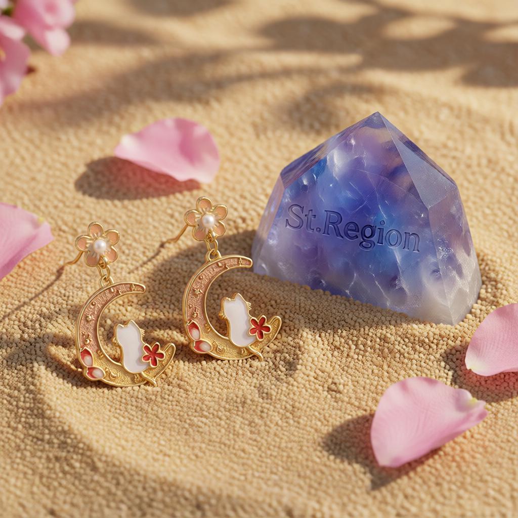 Light Peach Enamel and Pearl Flower Cat Moon Drop Earrings, drop earrings for women, everyday style, detail close-up