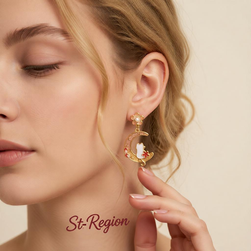 Light Peach Enamel and Pearl Flower Cat Moon Drop Earrings, drop earrings for women, everyday style, styled look