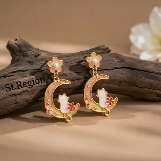 Light Peach Enamel & Pearl Flower Cat Moon Drop Earrings