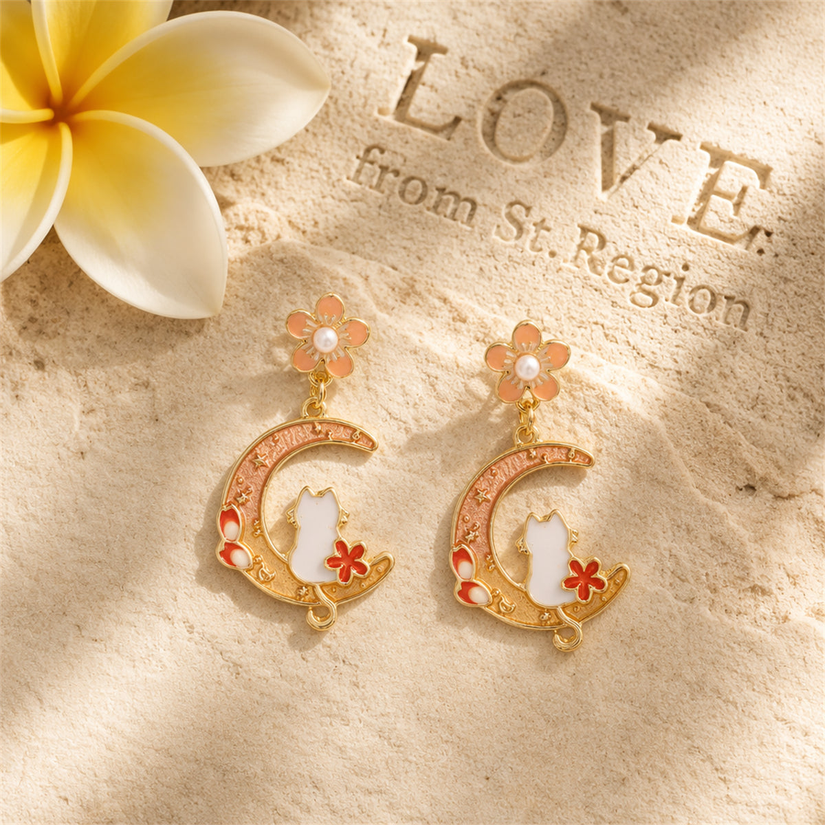 Light Peach Enamel & Pearl Flower Cat Moon Drop Earrings