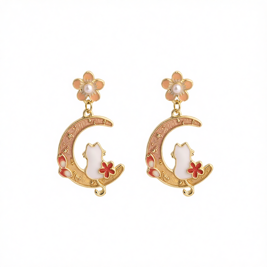 Light Peach Enamel & Pearl Flower Cat Moon Drop Earrings