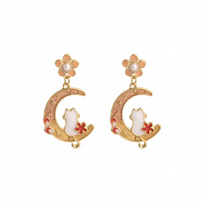 Light Peach Enamel & Pearl Flower Cat Moon Drop Earrings