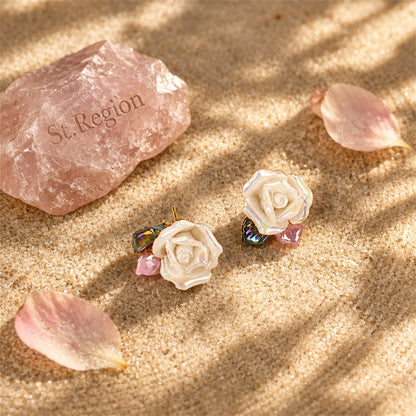 Resin and Enamel 18K Gold-Plated Rose Stud Earrings, gold stud earrings for women, elegant gift for her, detail close-up