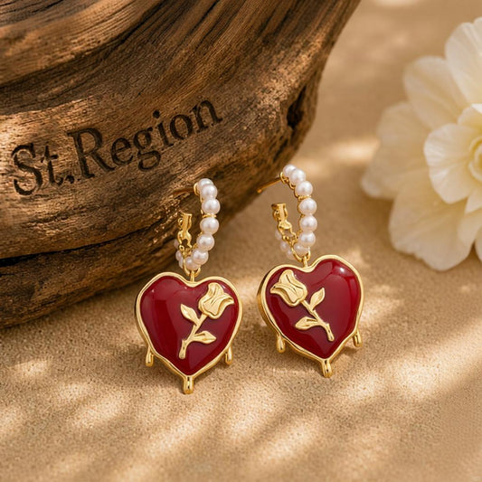 Wine Red & Pearl Rose Heart Huggie Earring