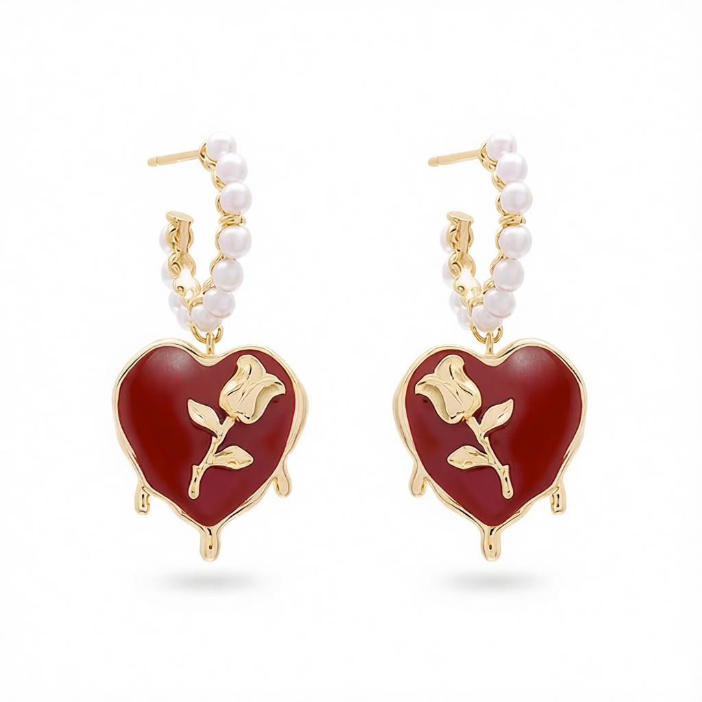 Wine Red and Pearl Rose Heart Huggie Earring, huggie earrings, vintage-inspired design, side view