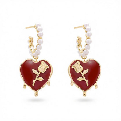 Wine Red and Pearl Rose Heart Huggie Earring, huggie earrings, vintage-inspired design, side view