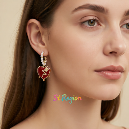 Wine Red & Pearl Rose Heart Huggie Earring