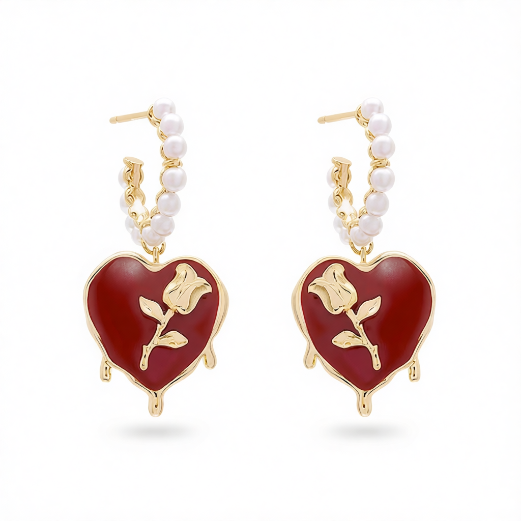 Wine Red & Pearl Rose Heart Huggie Earring