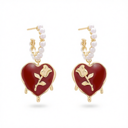 Wine Red & Pearl Rose Heart Huggie Earring