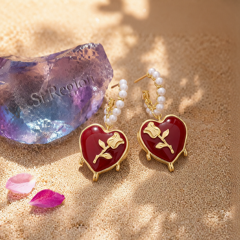 Wine Red & Pearl Rose Heart Huggie Earring