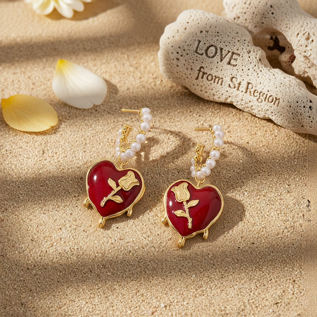 Wine Red & Pearl Rose Heart Huggie Earring