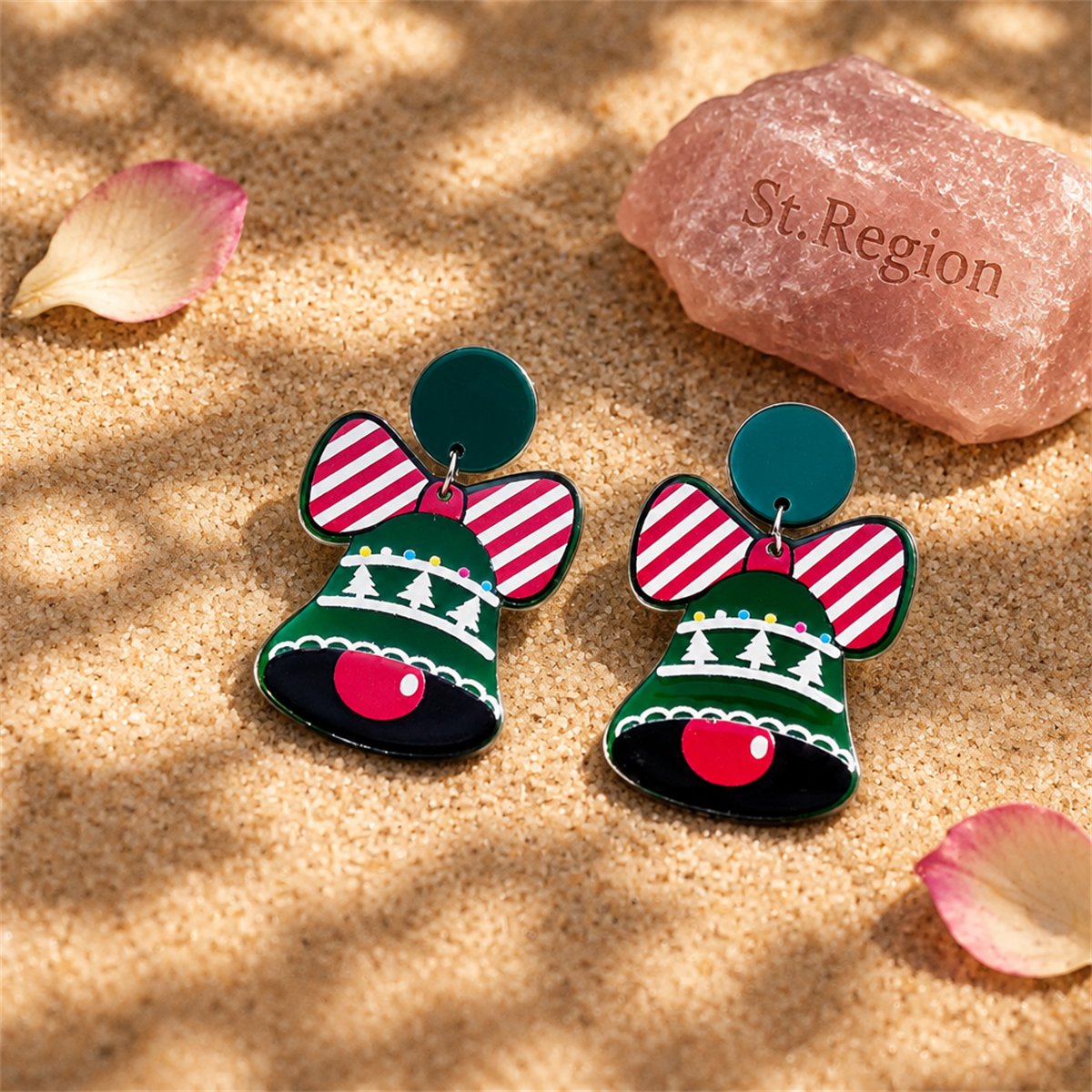 Green and Red Acrylic Silver-Plated Bell Drop Earrings, silver drop earrings for women, detail close-up