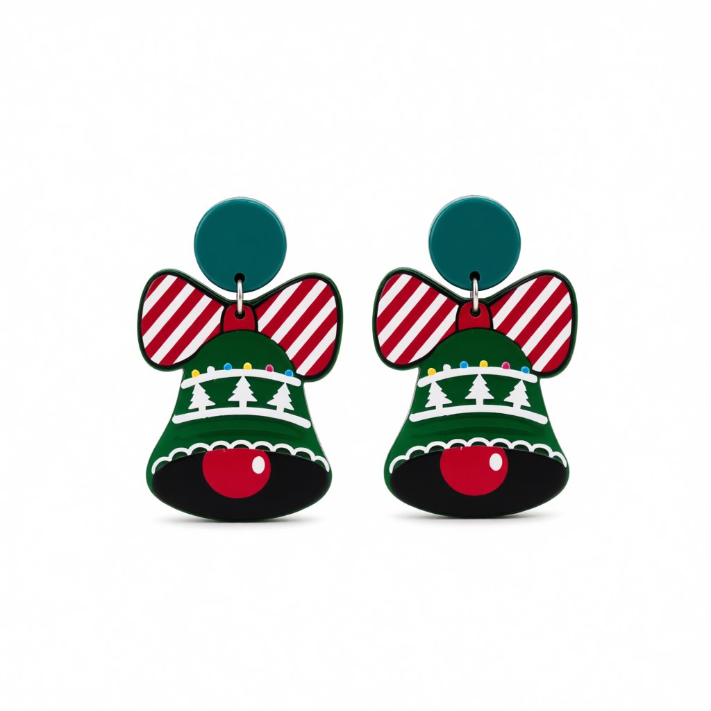 Green and Red Acrylic Silver-Plated Bell Drop Earrings, silver drop earrings for women, dainty minimalist design, side view