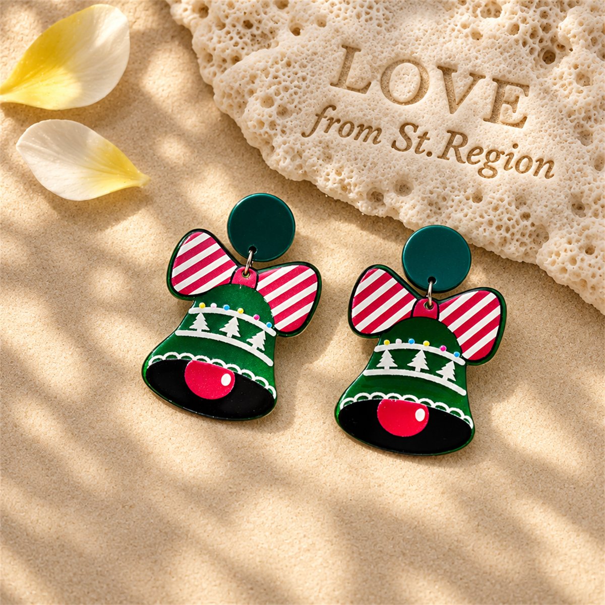 Green and Red Acrylic Silver-Plated Bell Drop Earrings, silver drop earrings for women, lifestyle look