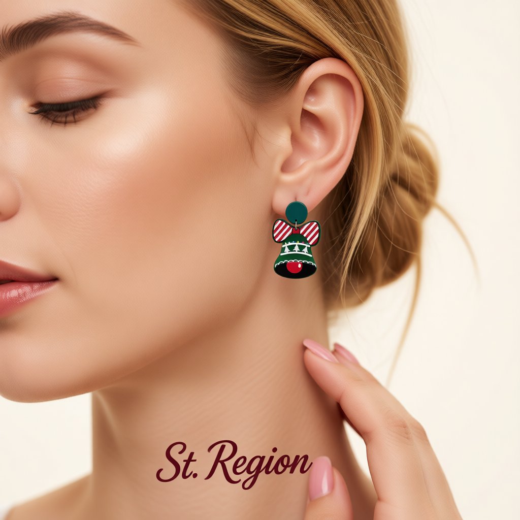 Green and Red Acrylic Silver-Plated Bell Drop Earrings, silver drop earrings for women, dainty minimalist design, styled look