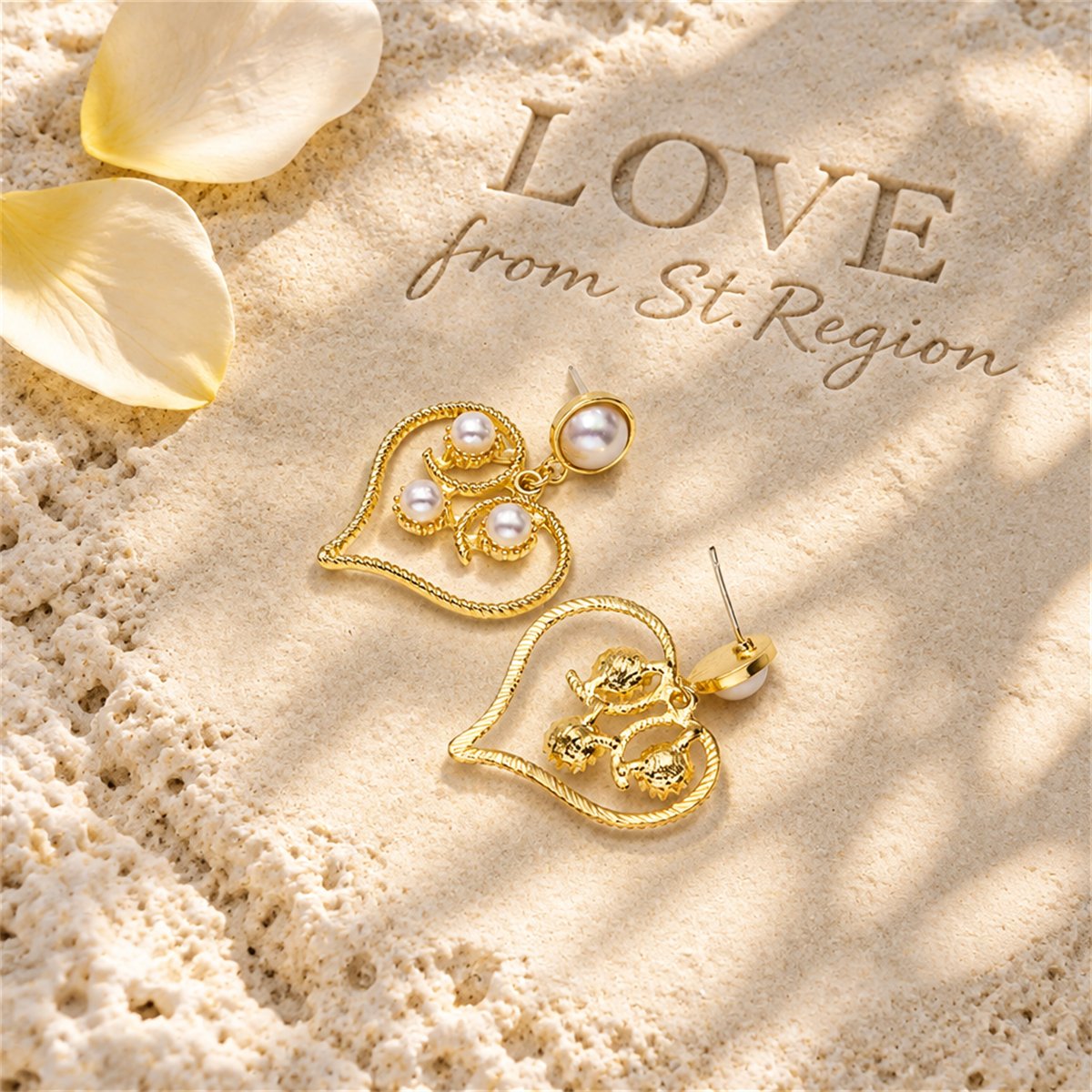 Pearl and 18K Gold-Plated Openwork Heart Drop Earrings, gold drop earrings for women, botanical inspired, lifestyle look