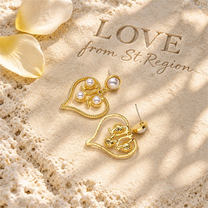 Pearl and 18K Gold-Plated Openwork Heart Drop Earrings, gold drop earrings for women, botanical inspired, lifestyle look