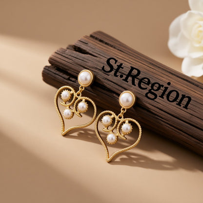 Pearl and 18K Gold-Plated Openwork Heart Drop Earrings, gold drop earrings for women, botanical inspired, front view