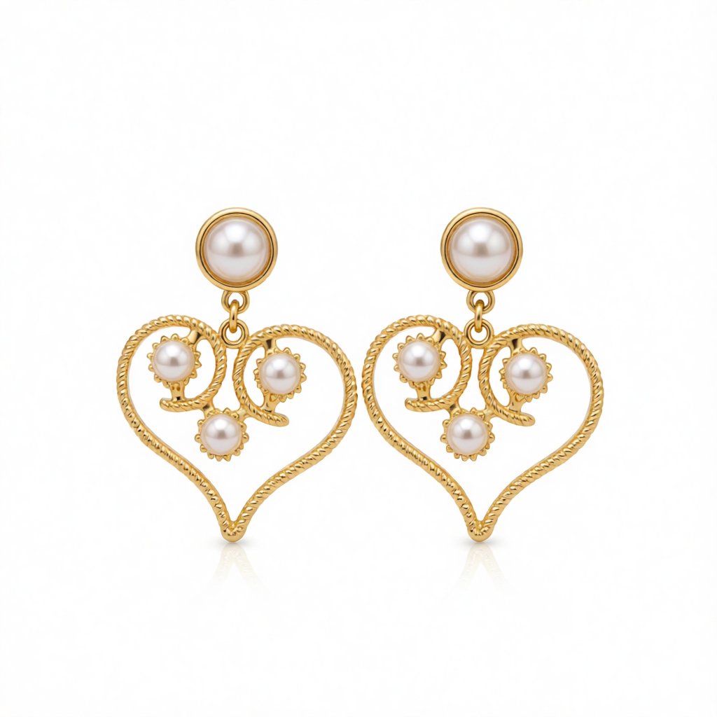 Pearl and 18K Gold-Plated Openwork Heart Drop Earrings, gold drop earrings for women, botanical inspired, side view