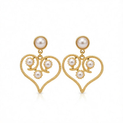 Pearl and 18K Gold-Plated Openwork Heart Drop Earrings, gold drop earrings for women, botanical inspired, side view