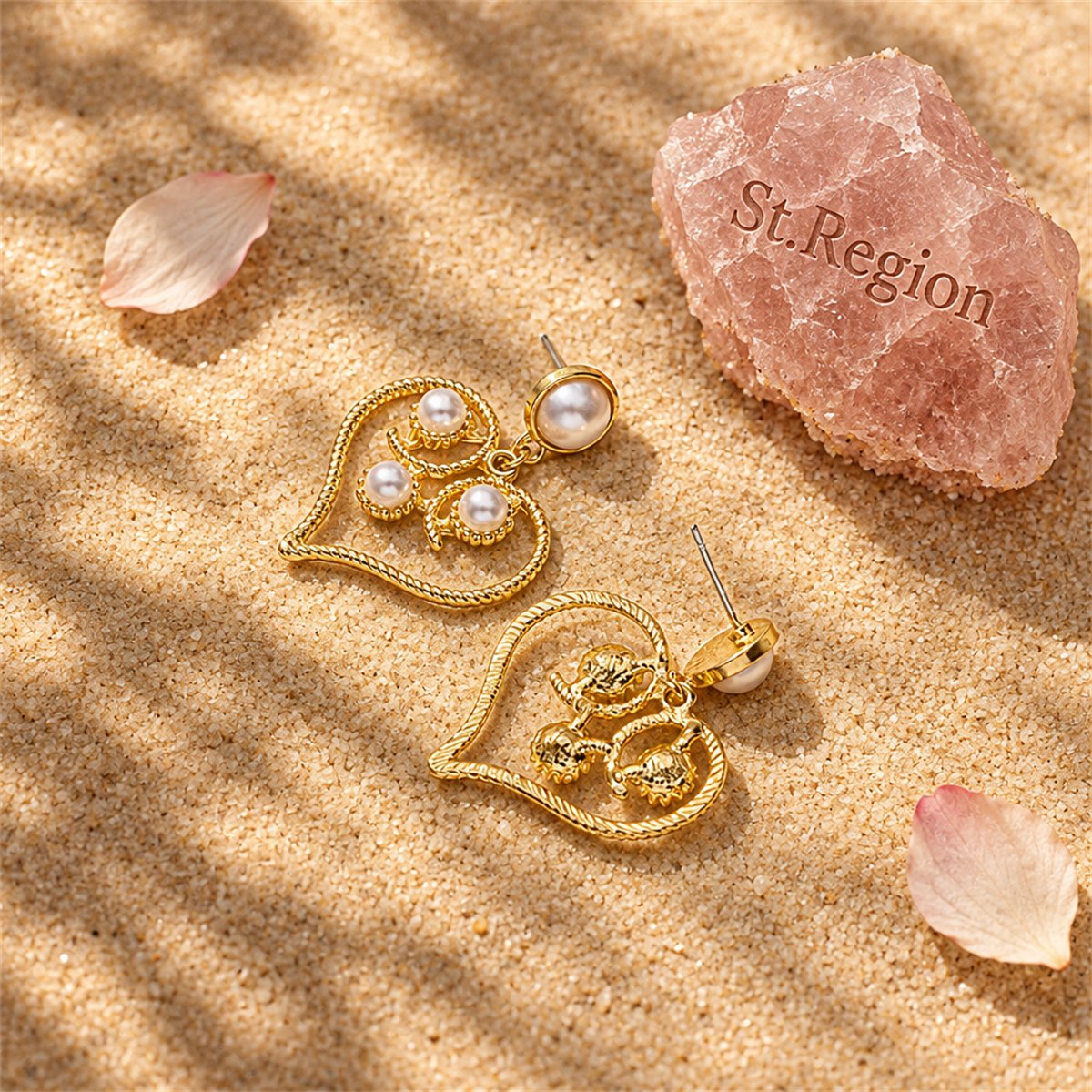 Pearl and 18K Gold-Plated Openwork Heart Drop Earrings, gold drop earrings for women, botanical inspired, detail close-up