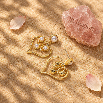 Pearl and 18K Gold-Plated Openwork Heart Drop Earrings, gold drop earrings for women, botanical inspired, detail close-up