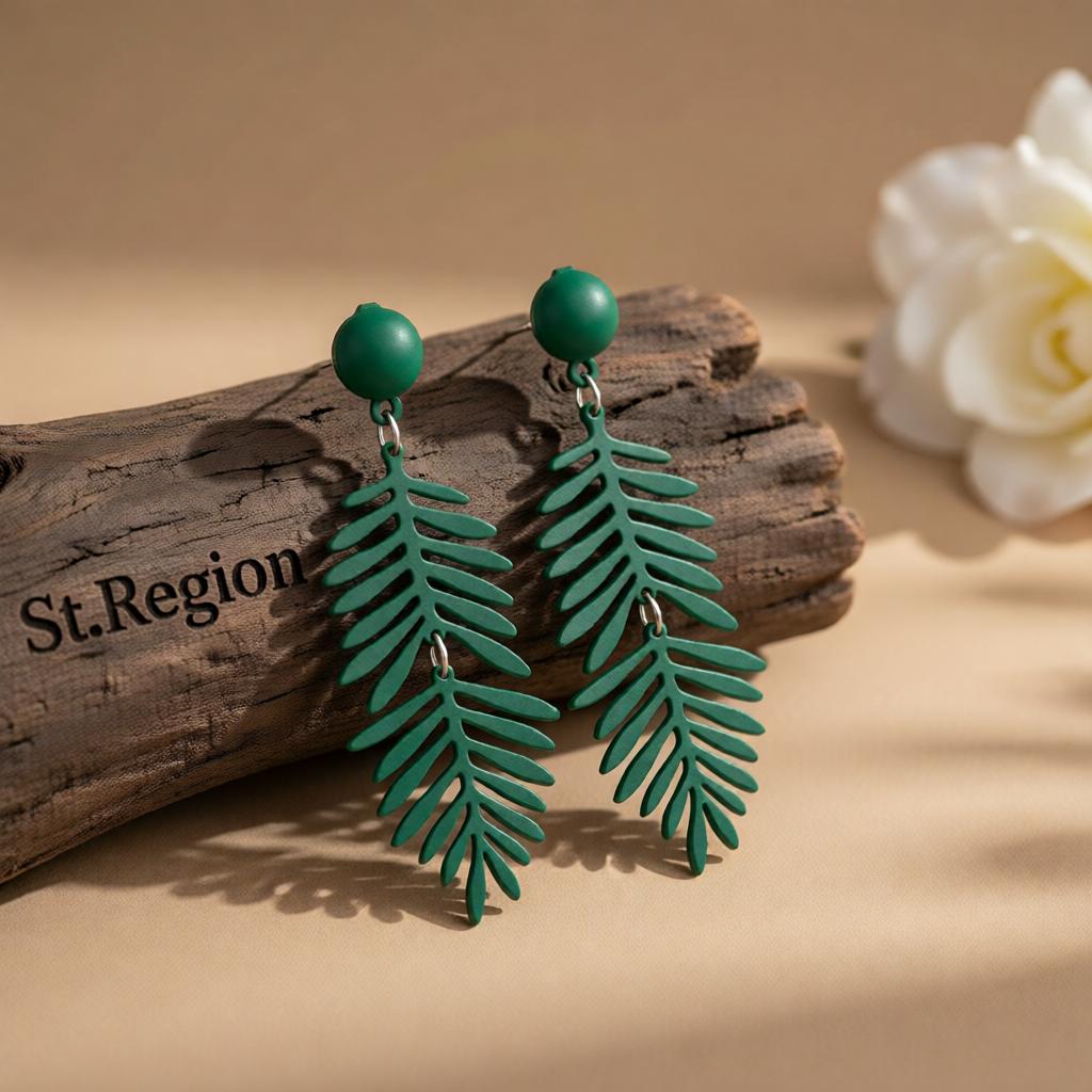 Green Enamel and Silver-Plated Leaves Drop Earrings, silver drop earrings for women, everyday style, front view