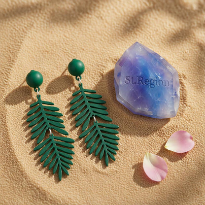 Green Enamel and Silver-Plated Leaves Drop Earrings, silver drop earrings for women, everyday style, detail close-up