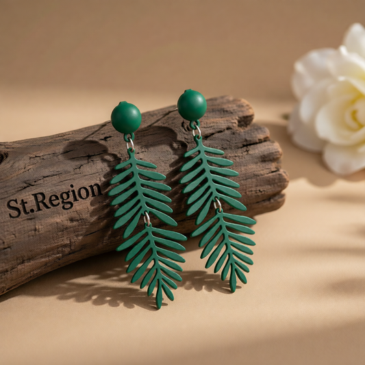 Green Enamel & Silver-Plated Leaves Drop Earrings