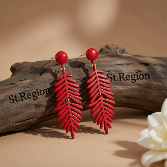 Red Enamel & 18K Gold-Plated Leaves Drop Earrings