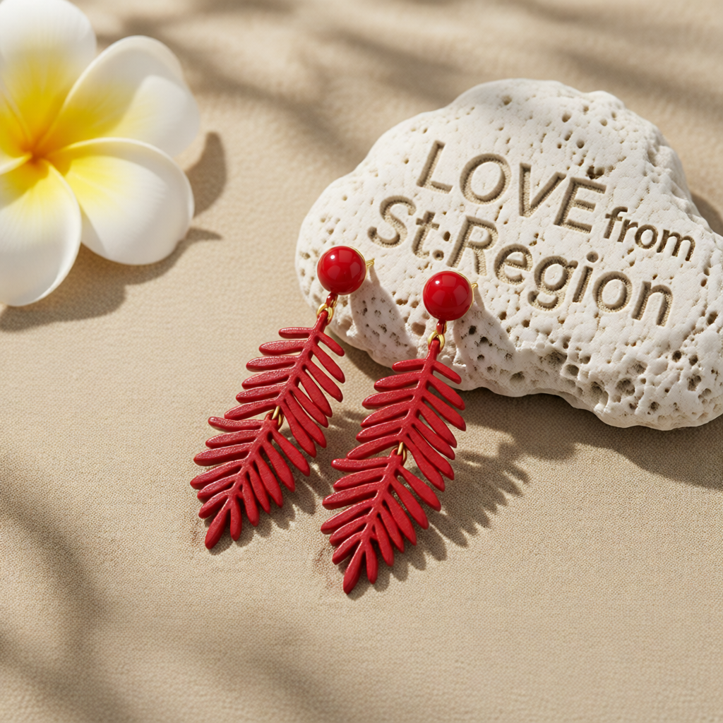 Red Enamel & 18K Gold-Plated Leaves Drop Earrings