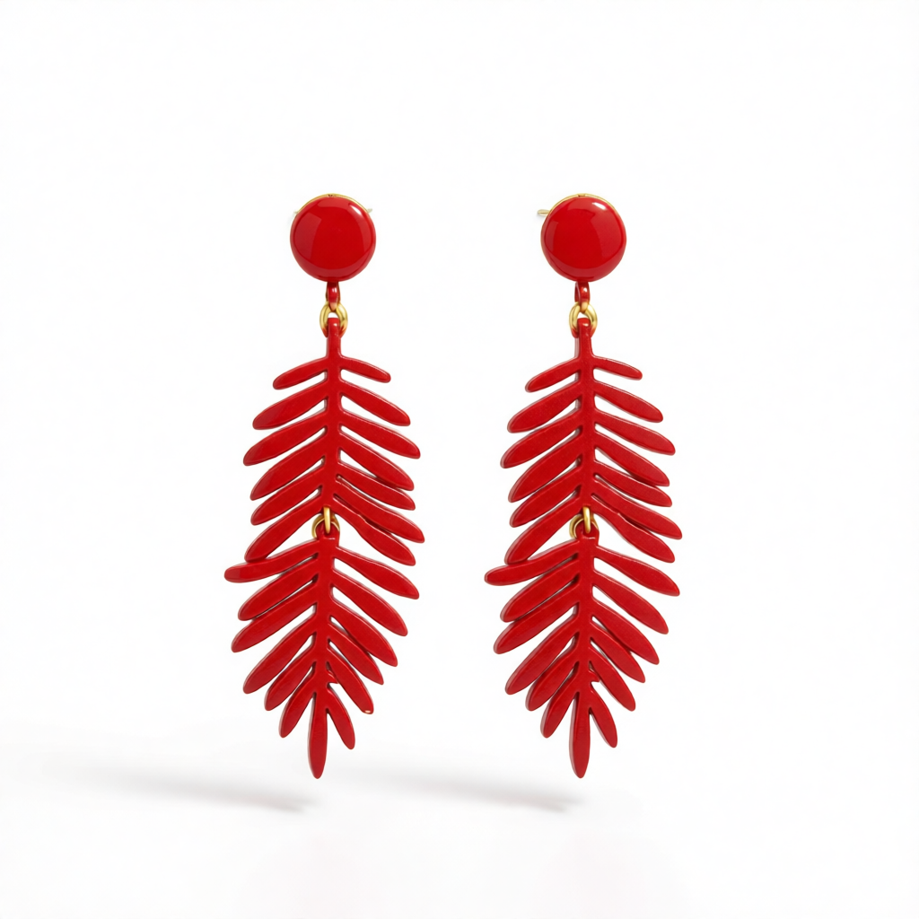 Red Enamel & 18K Gold-Plated Leaves Drop Earrings