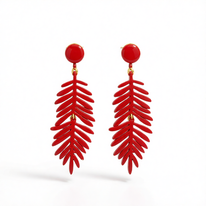 Red Enamel & 18K Gold-Plated Leaves Drop Earrings