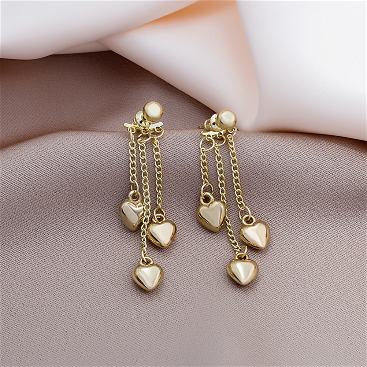 18K Gold-Plated Heart Tassel Drop Earrings, gold drop earrings for women, vintage-inspired design, front view