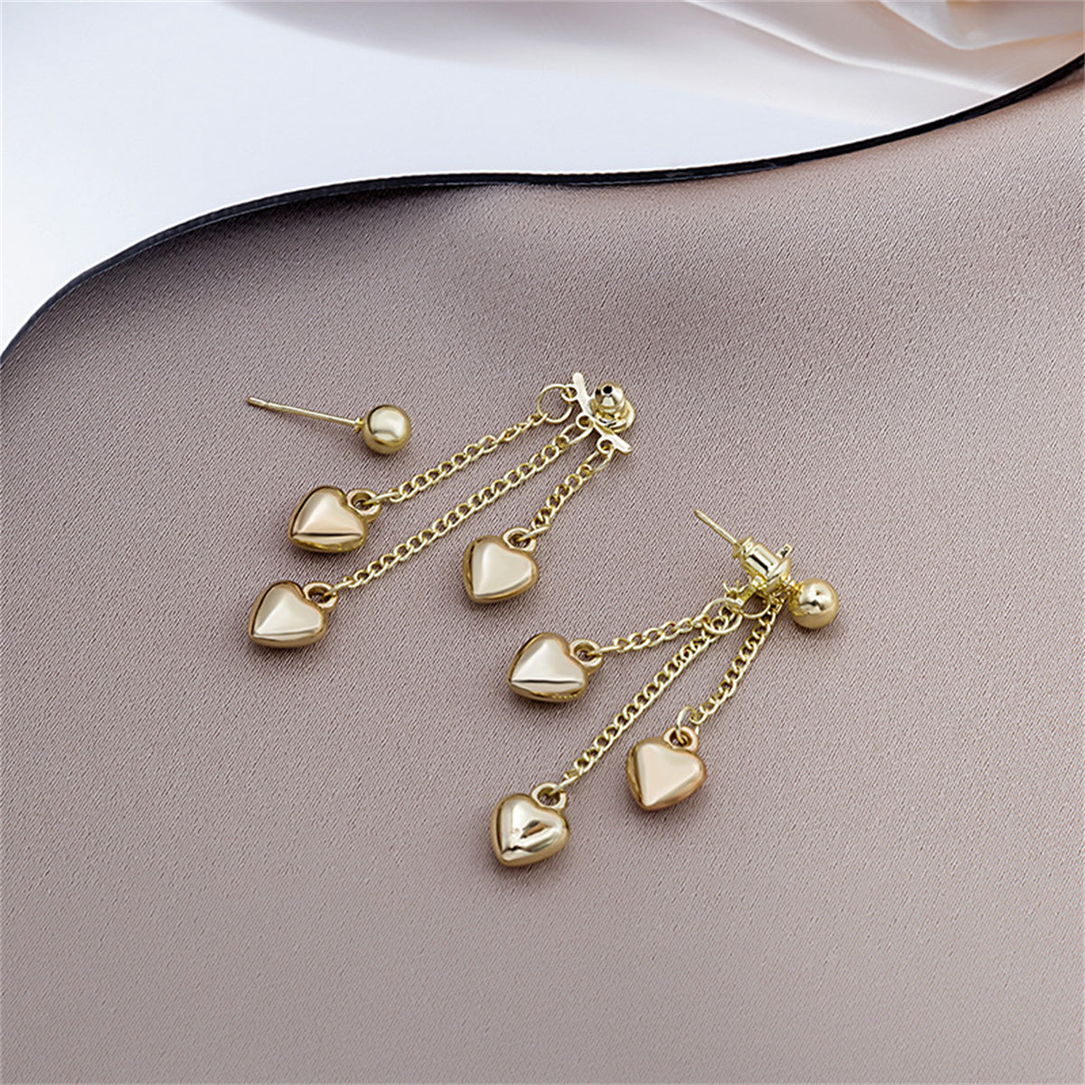 18K Gold-Plated Heart Tassel Drop Earrings, gold drop earrings for women, vintage-inspired design, side view