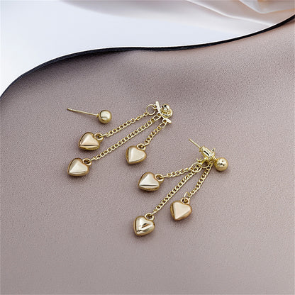 18K Gold-Plated Heart Tassel Drop Earrings, gold drop earrings for women, vintage-inspired design, side view