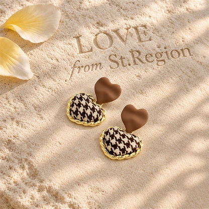 Brown Enamel and Polyster 18K Gold-Plated Checkboard Heart Drop Earrings, gold drop earrings for women, lifestyle look