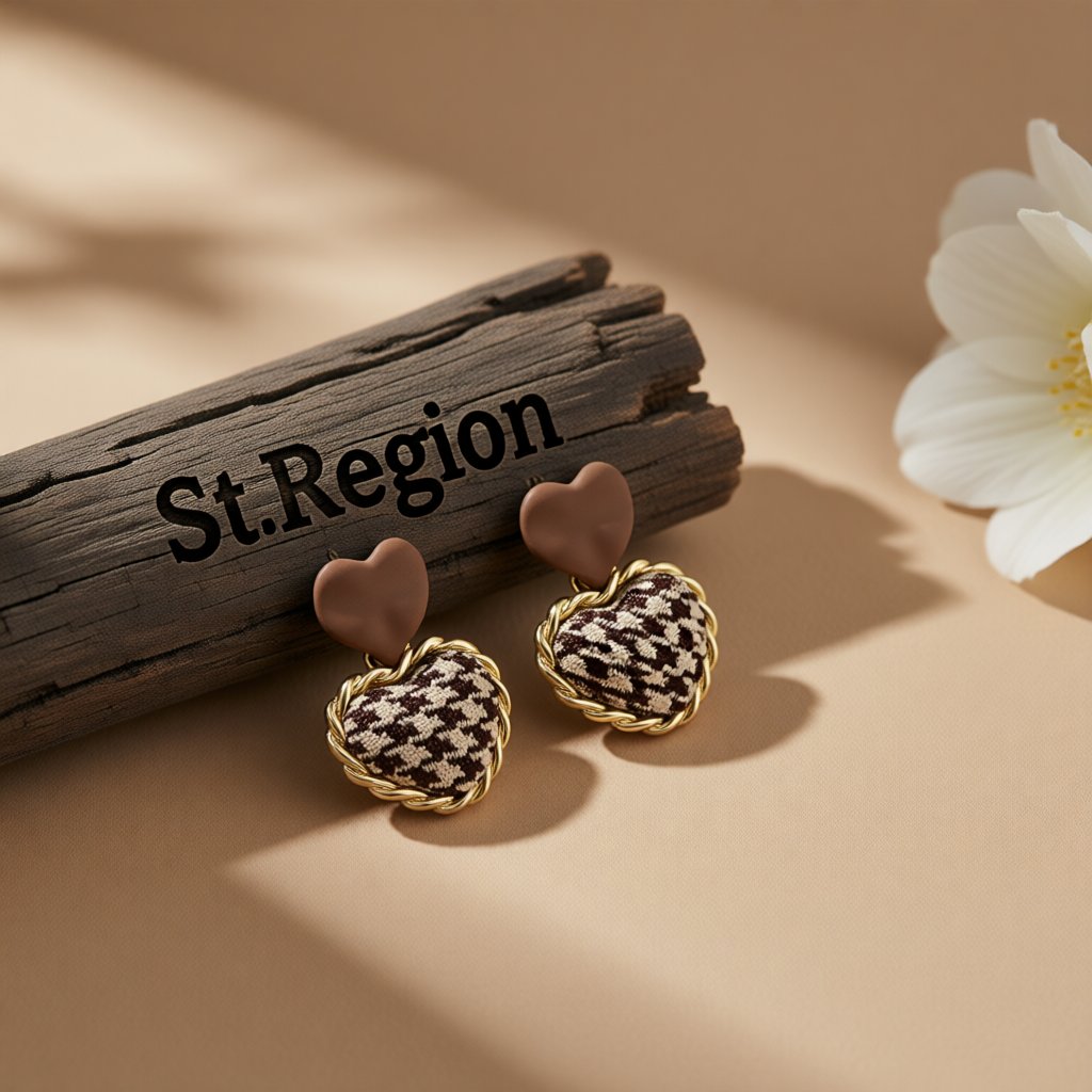 Brown Enamel and Polyster 18K Gold-Plated Checkboard Heart Drop Earrings, gold drop earrings for women, front view