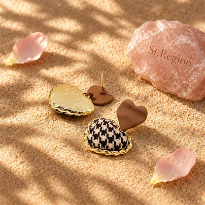 Brown Enamel and Polyster 18K Gold-Plated Checkboard Heart Drop Earrings, gold drop earrings for women, detail close-up