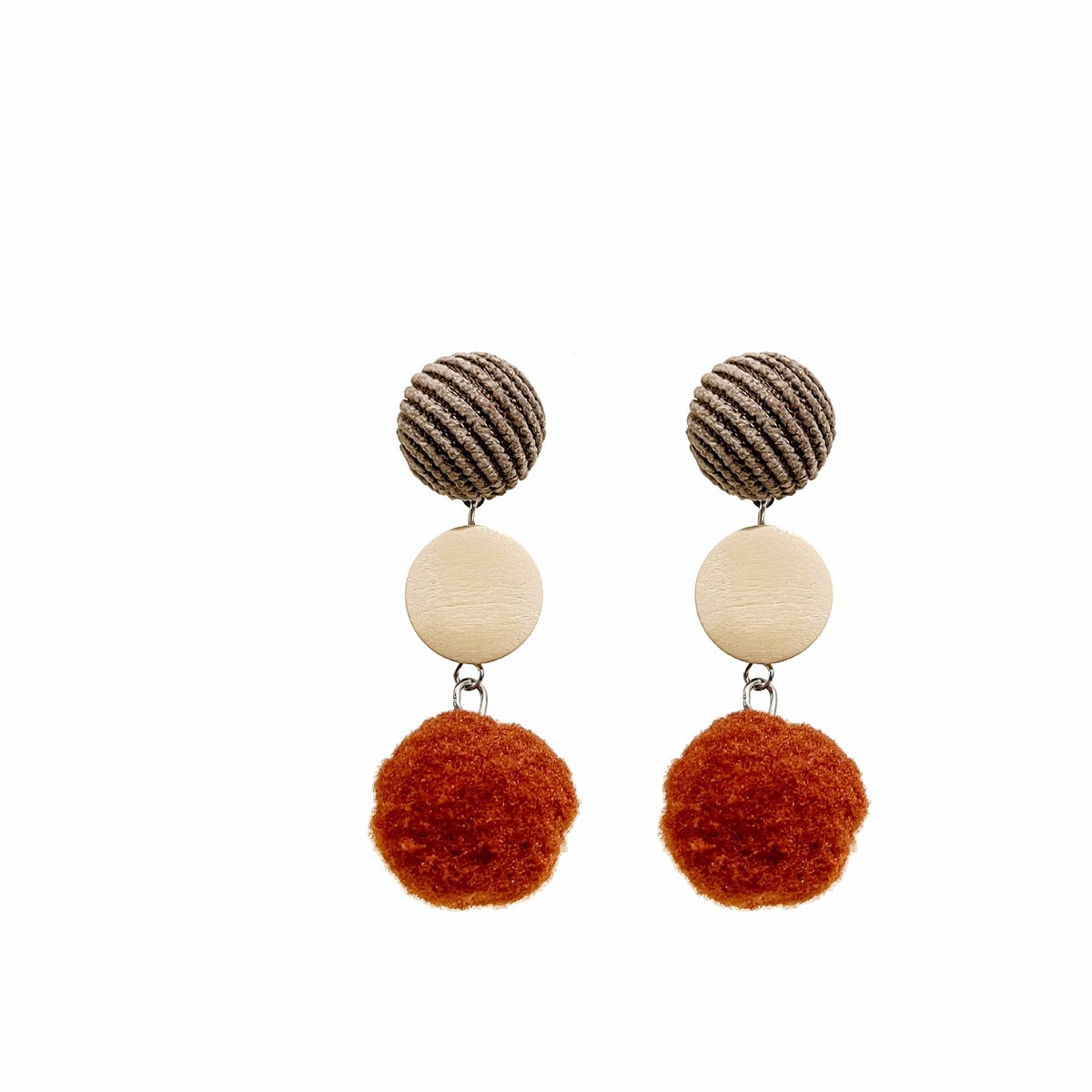 Brown Multicolor Wood and Polyster Silver-Plated Drop Earrings, silver drop earrings for women, botanical inspired, side view