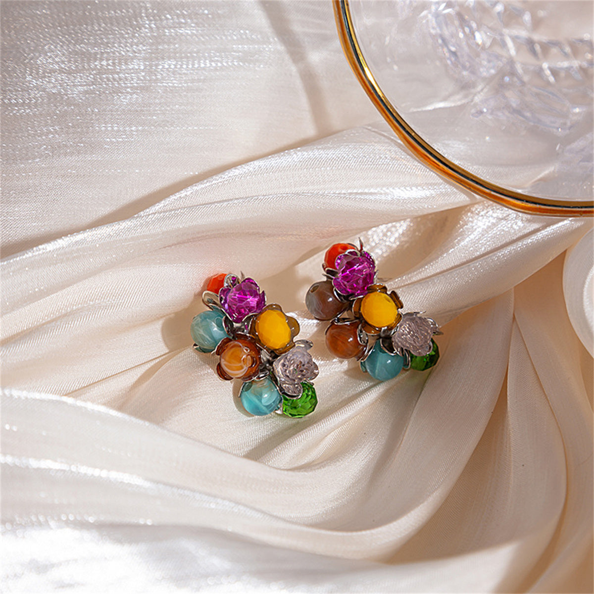 Blue and Yellow Multicolor Floral Bead Stud Earrings, stud earrings for women, everyday style, front view