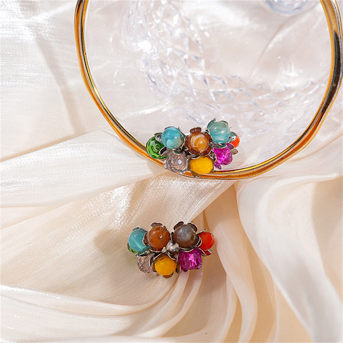 Blue and Yellow Multicolor Floral Bead Stud Earrings, stud earrings for women, everyday style, side view