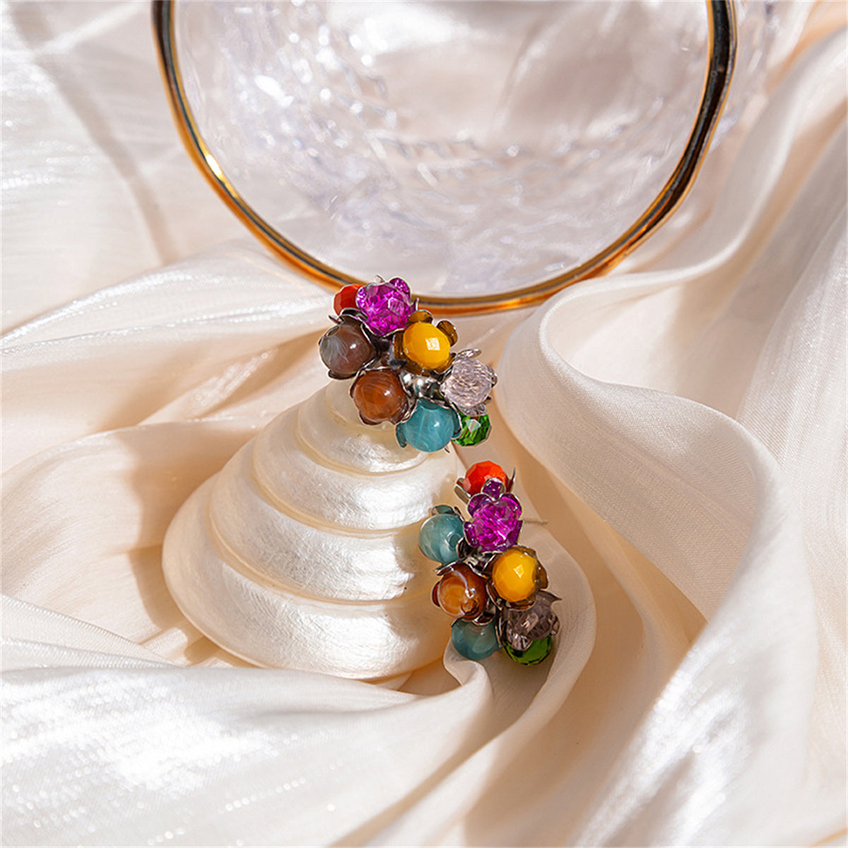 Blue and Yellow Multicolor Floral Bead Stud Earrings, stud earrings for women, everyday style, detail close-up