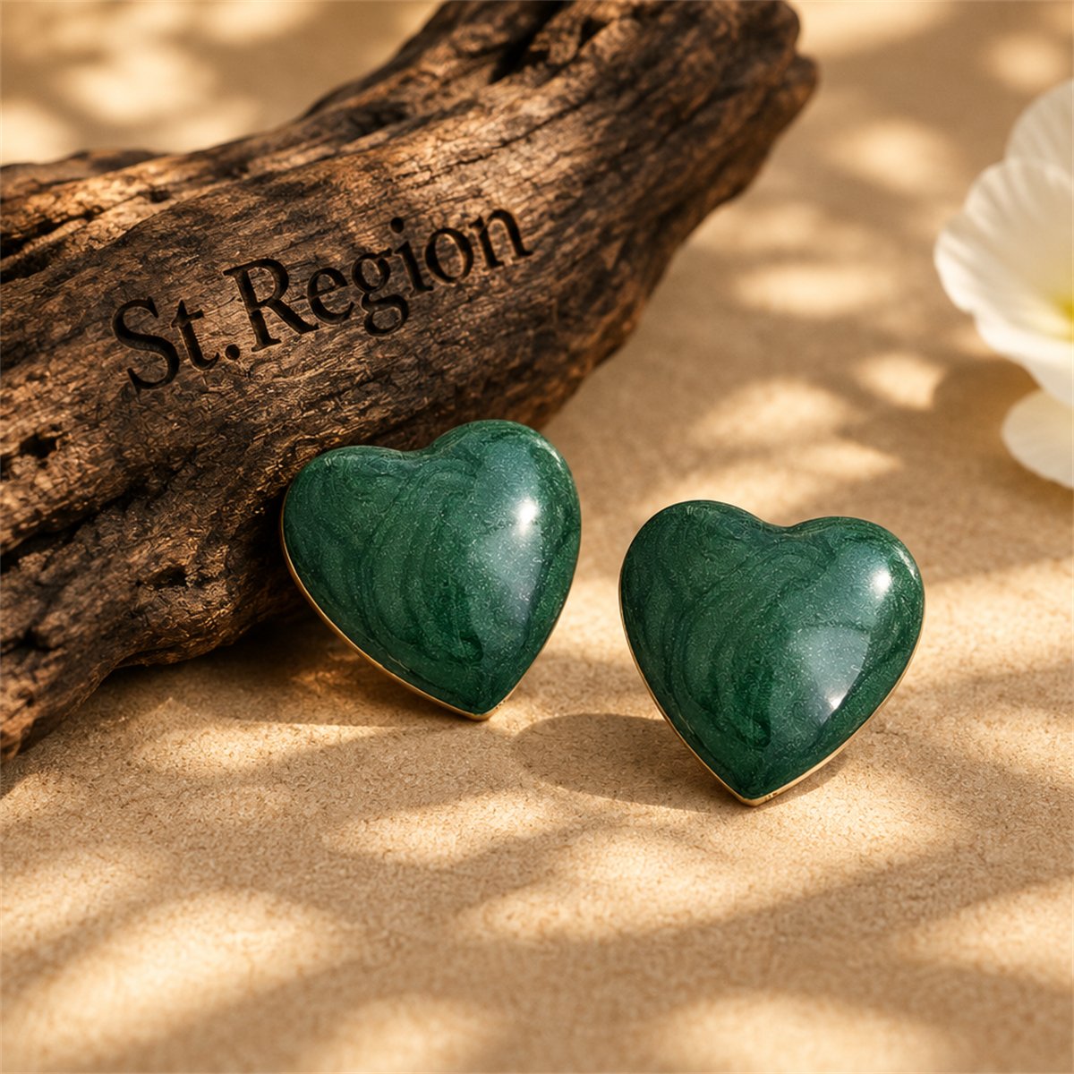 Green Enamel and 18K Gold-Plated Heart Stud Earrings, gold stud earrings for women, dainty minimalist design, front view