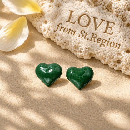 Green Enamel and 18K Gold-Plated Heart Stud Earrings, gold stud earrings for women, dainty minimalist design, lifestyle look