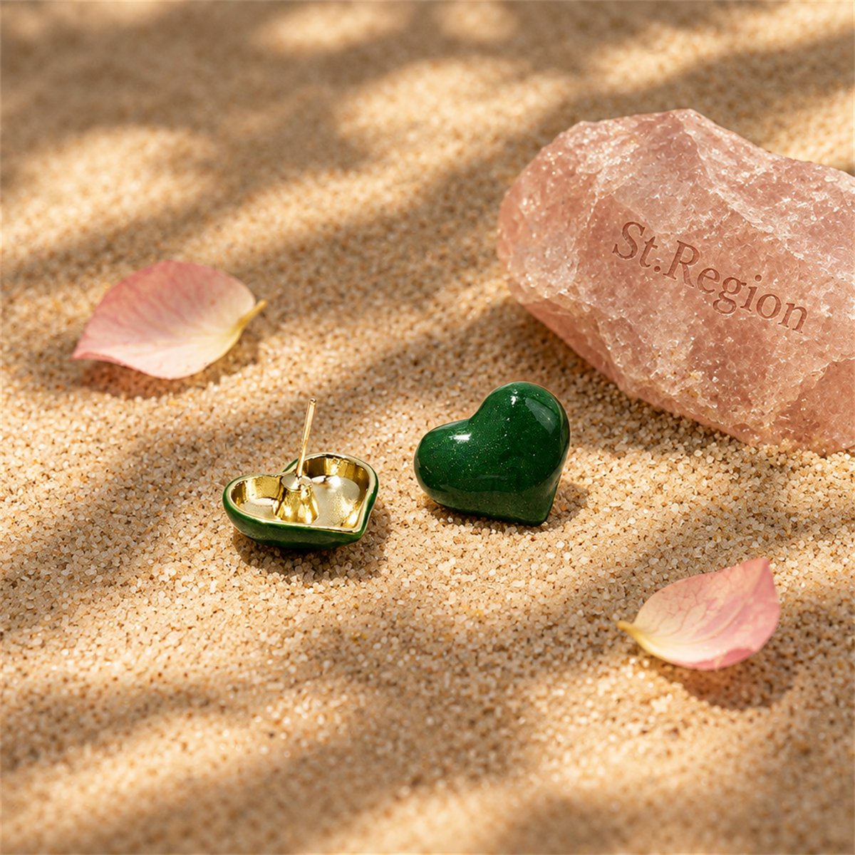 Green Enamel and 18K Gold-Plated Heart Stud Earrings, gold stud earrings for women, dainty minimalist design, detail close-up