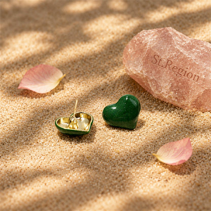 Green Enamel and 18K Gold-Plated Heart Stud Earrings, gold stud earrings for women, dainty minimalist design, detail close-up