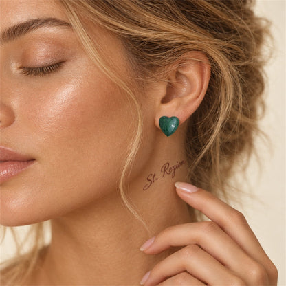 Green Enamel and 18K Gold-Plated Heart Stud Earrings, gold stud earrings for women, dainty minimalist design, styled look